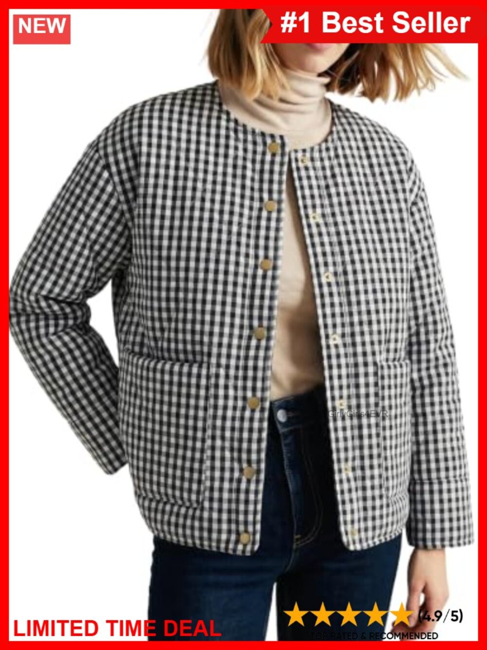 Women Lightweight Quilted Jacket Collarless Snap Gingham Winter Outerwear